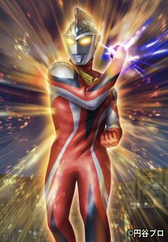 1boy absurdres alien armor black_skin blue_gem breastplate building city cityscape clenched_hands color_timer colored_skin commentary company_name copyright_notice dorsal_fin energy feet_out_of_frame forehead_jewel gem giant giant_male glowing glowing_eyes hand_up highres light_particles looking_ahead male_focus multicolored_skin muscular muscular_male night no_pupils official_art outdoors pectorals powering_up red_skin silver_skin solo standing tokusatsu ultra_series ultraman_cosmos_(series) ultraman_justice ultraman_justice_(crusher_mode) wrinkled_skin yasukuni_kazumasa yellow_eyes