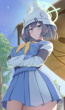 1girl :t absurdres animal_ear_headphones animal_ears aqua_eyes arms_under_breasts backlighting benjamin_1kt black_gloves black_hair blue_archive blue_serafuku blue_shirt blue_skirt blue_sky breasts bucket_hat closed_mouth commentary cowboy_shot crossed_arms day fake_animal_ears from_below gloves green_halo hair_between_eyes halo hat headphones highres large_breasts long_sleeves looking_at_viewer medium_hair miniskirt neckerchief outdoors pleated_skirt pov rabbit_ear_headphones rabbit_ears saki_(blue_archive) school_uniform serafuku shirt skirt sky solo tree white_hat yellow_neckerchief
