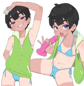 1girl bikini black_hair blue_bikini bubukka clenched_teeth condom condom_wrapper dildo flat_chest green_jacket holding holding_condom holding_sex_toy jacket loli looking_at_viewer micro_bikini mikan_(bubukka) multiple_views one-piece_tan open_mouth original purple_eyes sex_toy short_hair simple_background sleeveless sleeveless_jacket smile swimsuit tan tanline teeth tomboy white_background