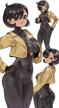 1girl ass black_bodysuit black_gloves black_hair bodysuit breasts brown_jacket closed_eyes closed_mouth commentary_request dark-skinned_female dark_skin emma_(pokemon) gloves grey_eyes hair_ornament highres holding holding_poke_ball jacket looking_at_viewer medium_breasts mega_stone multicolored_gloves nintendo orange_gloves parted_lips poke_ball poke_ball_(basic) pokemon pokemon_legends:_z-a short_hair smile sukoyaka_tsukasa two-tone_gloves