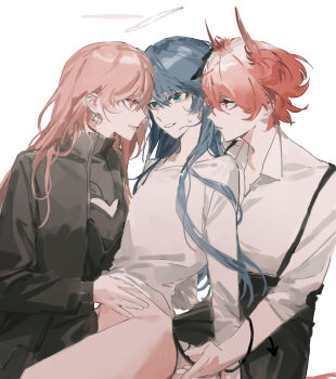 Rule 34 | 3girls, absurdres, alternate costume, arknights, black horns, black jacket, black pants, black tail, blue eyes, blue hair, bottomless, breasts, cleavage, clothing cutout, collared shirt, commentary, demon horns, demon tail, dress shirt, earrings, eye contact, face-to-face, fallen angel, fff threesome, fiammetta (arknights), g xio111, girl sandwich, grey halo, group sex, halo, hand on another's stomach, hand under clothes, heart cutout, highres, horns, jacket, jewelry, lemuen (arknights), long hair, long sleeves, looking at another, mostima (arknights), multiple girls, open clothes, open jacket, pants, parted lips, pink eyes, pink hair, pink halo, popped collar, profile, red eyes, red hair, sandwiched, shirt, short hair, simple background, sitting, smile, suspenders, sweatdrop, sweater, symbol-only commentary, tail, tail around arm, threesome, turtleneck, white background, white shirt, white sweater, yuri