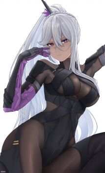 1girl absurdres arm_out_of_frame armored_leotard artist_name black_bodysuit black_leotard bodysuit braid breasts closed_mouth commentary covered_navel cozie178 dark-skinned_female dark_skin elbow_gloves feet_out_of_frame girls'_frontline girls'_frontline_2:_exilium gloves grey_hair hand_up highres leotard lips long_hair looking_at_viewer medium_breasts nemesis_(girls'_frontline_2) ponytail purple_eyes sidelocks solo standing thighs very_long_hair white_background
