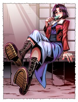 Rule 34 | 1girl, absurdres, alternate eye color, alternate hair color, boots, crossed legs, food, food in mouth, ga320aaa, highres, holding, holding food, holding popsicle, jacket, japanese clothes, kara no kyoukai, kimono, legs, medium hair, popsicle, popsicle in mouth, popsicle stick, purple eyes, purple hair, red jacket, ryougi shiki, shoe soles, short hair, solo, sunlight