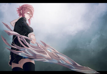 1girl black_legwear chaos;child closed_mouth cloud cloudy_sky day dusk female_focus holding holding_sword holding_weapon letterboxed mstm onoe_serika pink_eyes pink_hair school_uniform science_adventure short_hair_with_long_locks sidelocks sky solo sword weapon