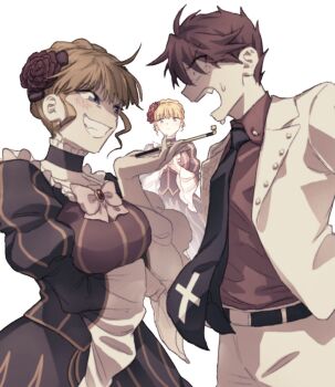 1boy 2girls ahoge beatrice_(umineko) belt black_dress black_necktie blonde_hair blue_eyes bow breasts collared_shirt constricted_pupils dress dual_persona flower formal_clothes highres hswoimuxk0pwr0h_(bbdan) large_breasts multiple_girls necktie open_mouth pants pink_bow red_flower red_hair red_rose red_shirt rose shirt short_hair sidelocks simple_background smoking_pipe standing suit sweat umineko_no_naku_koro_ni ushiromiya_battler white_background white_pants white_suit