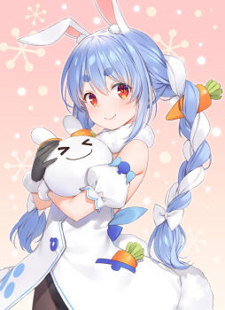 1girl animal_ears black_gloves black_leotard black_pantyhose blue_hair braid carrot_hair_ornament closed_mouth coat coat_dress commentary_request detached_sleeves double-parted_bangs dress extra_ears food-themed_hair_ornament fur-trimmed_coat fur-trimmed_gloves fur_trim gloves hair_between_eyes hair_ornament hikimayu holding hololive leotard leotard_under_clothes long_hair looking_at_viewer multicolored_hair official_artist_extra pantyhose pekomon_(usada_pekora) playboy_bunny puffy_detached_sleeves puffy_short_sleeves puffy_sleeves rabbit-shaped_pupils rabbit_ears rabbit_girl rabbit_tail red_eyes short_eyebrows short_sleeves sidelocks smile solo symbol-shaped_pupils tail thick_eyebrows twin_braids two-tone_hair usada_pekora usada_pekora_(1st_costume) virtual_youtuber white_coat white_hair white_sleeves yuuki_hagure