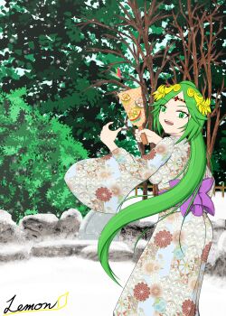 1girl alternate_costume alternate_hairstyle artist_request breasts curled_fingers curvy day eyelashes female_focus floral_print floral_print_kimono forehead_jewel forest from_behind green_eyes green_hair hair_flaps hands_up happy head_chain high_ponytail highres holding holding_racket japanese_clothes jewelry kid_icarus kid_icarus_uprising kimono large_breasts laurel_crown long_hair long_sleeves looking_at_viewer looking_back matching_hair/eyes nature nintendo obi open_mouth outdoors palutena parted_bangs ponytail print_kimono purple_sash racket sash signature smile snow standing tiara tree very_long_hair wide_sleeves winter