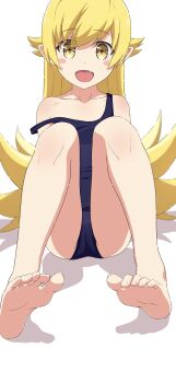 1girl absurdres barefoot blonde_hair blue_one-piece_swimsuit blush_stickers collarbone commentary_request fang feet highres knees_up long_hair looking_at_viewer monogatari_(series) na-suke on_ground one-piece_swimsuit open_mouth oshino_shinobu revision school_swimsuit simple_background solo swimsuit white_background yellow_eyes