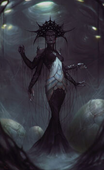 Rule 34 | 1girl, arthropod girl, black dress, black shirt, cave interior, commentary, crop top, crown, daedra, dress, egg, english commentary, exoskeleton, extra arms, extra eyes, fingernails, highres, insect girl, long fingernails, long sleeves, mephala, midriff, pxelslayer, shirt, silk, solo, spider girl, spider web, standing, the elder scrolls