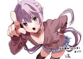 Rule 34 | 1girl, akebono (kancolle), akebono kai ni (kancolle), akebono kai ni (setsubun) (kancolle), aran sweater, artist logo, bell, black thighhighs, blue skirt, cable knit, commentary request, foreshortening, grey hair, hand on own hip, jingle bell, kantai collection, logo, oriharaizaya819, pointing, purple eyes, side ponytail, skirt, solo, sweater, thighhighs, translation request