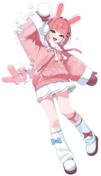 Rule 34 | 1girl, absurdres, animal ear hairband, animal ears, aran sweater, blunt bangs, bow legwear, braid, cable knit, commentary, fake animal ears, full body, fur-trimmed sleeves, fur hood, fur trim, green eyes, hair intakes, hair ornament, hair over shoulder, hairband, hairclip, hanako nana, highres, holding, holding snowball, hood, hood down, hooded sweater, leg warmers, long hair, long sleeves, looking at viewer, miniskirt, mittens, multicolored hair, open mouth, parallel hairclips, peto (hanako nana), pink hair, pink sweater, pleated skirt, pom pom (clothes), rabbit, rabbit ear hairband, rabbit ears, shoes, simple background, skirt, smile, snow, snowball, solo, standing, stellive, streaked hair, sweater, twin braids, virtual youtuber, white background, white hairband, white leg warmers, white shoes, white skirt, x hair ornament, yireh