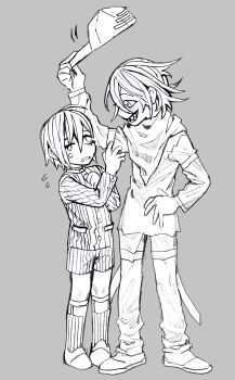 Rule 34 | 2boys, aged down, ahoge, baseball cap, bullying, clothes theft, commentary, danganronpa (series), danganronpa v3: killing harmony, english commentary, grey background, greyscale, hat, hat theft, height difference, highres, monochrome, multiple boys, oma kokichi, pinstripe pattern, pinstripe shirt, pinstripe shorts, pinstripe socks, saihara shuichi, scarf, sharp teeth, shirt, tears, teeth, theft, ubuuugreenie