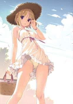 1girl absurdres bag bare_shoulders blue_sky bracelet breasts brown_hair buttons cloud cloudy_sky collarbone day dress female_focus hand_up handbag hat highres holding jewelry koutaro looking_at_viewer medium_breasts open_mouth original outdoors panties pantyshot purple_eyes scan short_hair sky sleeveless solo straw_hat underwear upskirt yellow_panties