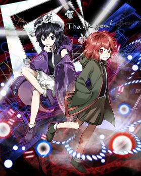 2others androgynous arrow_print bare_legs bird black_hair black_hat black_shirt blue_background boots brown_shorts bullet buttons coattails commentary_request commission crossed_legs danmaku detached_hood frilled_headwear frilled_shorts frills full_body green_boots green_jacket grin hair_between_eyes hand_on_own_chin hands_in_pockets happy hat highres hood hood_down hooded_jacket jacket kaigen_1025 knee_up laser leg_up len&#039;en long_sleeves magic_circle mob_cap multiple_others open_clothes open_jacket other_focus outline print_jacket puffy_shorts purple_boots purple_jacket red_background red_eyes red_hair red_outline robot shirt shitodo_hooaka shitodo_kuroji short_hair shorts siblings single_bare_shoulder sitting skeb_commission sleeveless sleeveless_shirt smile socks spell standing triangular_headpiece turtleneck turtleneck_shirt two-tone_background white_shorts white_socks wide_sleeves zipper