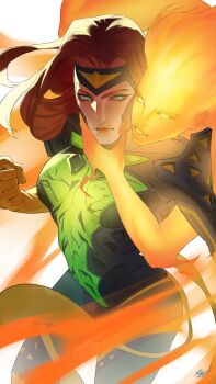 2girls absurdres bodysuit brown_hair fingernails gloves glowing glowing_eyes hand_on_another&#039;s_face highres hug hug_from_behind jean_grey marvel marvel_rivals multicolored_bodysuit multiple_girls parted_lips phoenix_(x-men) sharp_fingernails sheep_shin superhero_costume two-tone_bodysuit x-men yellow_gloves