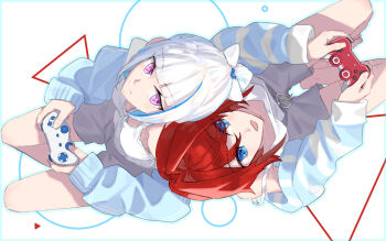 2girls alternate_costume ange_katrina ange_katrina_(6th_costume) back-to-back barefoot blue_border blue_eyes blue_hair blue_jacket blue_outline blunt_bangs border bow breasts camisole closed_mouth commentary controller downblouse elmida from_above front-tie_shorts game_controller grey_shorts hair_bow hair_intakes head_back head_on_another&#039;s_shoulder highres holding holding_controller holding_game_controller jacket lize_helesta looking_at_another loungewear multicolored_hair multiple_girls nijisanji open_clothes open_jacket open_mouth outline outside_border purple_eyes red_hair shorts small_breasts smile split_mouth streaked_hair striped_clothes striped_jacket tank_top track_jacket two-tone_hair virtual_youtuber white_background white_bow white_camisole white_hair white_tank_top wireless_game_controller