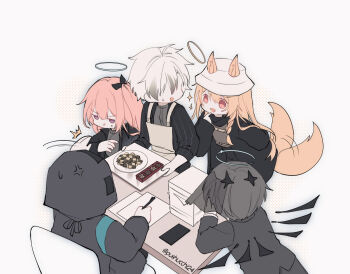 1other 2boys 2girls :q ^^^ adnachiel_(arknights) ambriel_(arknights) anger_vein animal_ears arene_(arknights) arene_(dangerous_invitation)_(arknights) arknights black_jacket blonde_hair bucket_hat ceobe_(arknights) ceobe_(unfettered)_(arknights) checkerboard_cookie chibi commentary cookie desk doctor_(arknights) dog_ears dog_girl dog_tail english_commentary facing_away food gradient_hair grey_hair halo hat highres holding holding_pen hood hooded_jacket jacket long_hair multicolored_hair multiple_boys multiple_girls one_side_up orange_eyes paper_stack pen pink_hair pocky purple_eyes pushu simple_background sparkle surprised tail tongue tongue_out twitter_username veil white_background white_hair white_hat wings