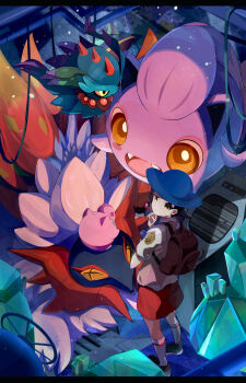 1girl backpack bag blue_headwear blush_stickers brown_bag brown_eyes brown_hair closed_mouth commentary_request fangs flutter_mane gem gen_1_pokemon green_gemstone hat highres jigglypuff juliana_(pokemon) logo nintendo open_mouth orange_shorts pokemon pokemon_(creature) pokemon_sv scream_tail shirt shoes short_sleeves shorts slither_wing socks standing tongue umiru