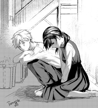 1boy 1girl chainsaw_man denji_(chainsaw_man) dress fourth_east_high_school_uniform fuori greyscale hashtag-only_commentary highres long_hair long_sleeves mitaka_asa monochrome on_ground pinafore_dress school_uniform short_hair sitting sleeveless sleeveless_dress squatting wariza