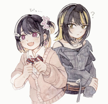 2girls ? absurdres black_hair blonde_hair bow bowtie brown_cardigan cardigan commentary_request diagonal-striped_bow diagonal-striped_bowtie diagonal-striped_clothes earrings fukumaru_koito grey_shirt gyaru hair_ornament hair_scrunchie heart heart_earrings highres idolmaster idolmaster_shiny_colors ikaruga_luca jewelry long_sleeves medium_hair multicolored_hair multiple_girls necklace one_side_up purple_eyes scrunchie shirt sisyamo_sakana streaked_hair striped_bow striped_bowtie striped_clothes tears traditional_media two-tone_hair upper_body white_background white_shirt yellow_eyes