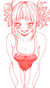 Rule 34 | 1girl, :d, absurdres, blunt bangs, blush, boku no hero academia, breasts, cleavage, commentary request, double bun, hair bun, highres, kayoru (user dmru4757), korean commentary, looking at viewer, mixed-language commentary, monochrome, one-piece swimsuit, open mouth, simple background, smile, solo, swimsuit, teeth, toga himiko, white background