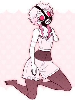 1girl absurdres amputee black_pantyhose camisole colored_sclera colored_skin commentary dreamalgia eyebrow_piercing eyelashes face_piercing gradient_hair highres kneeling missing_limb multicolored_hair muzzle_(mask) original pantyhose piercing pink_hair red_sclera scar short_bangs shorts snakebite_(piercing) solo symbol-only_commentary white_skin