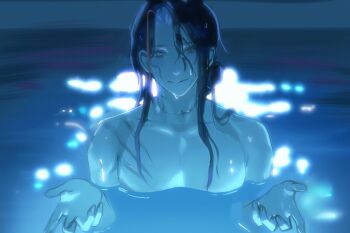 1boy black_hair chainsaw_man curtained_hair emmmmabab fate/grand_order fate_(series) grey_eyes heterochromia highres i&#039;ll_teach_you_everything_(chainsaw_man) kondou_isami_(fate) light_reflection_(water) long_hair looking_at_viewer male_focus movie_reference multicolored_hair parody partially_submerged pool red_streaks scene_reference smile solo streaked_hair topless_male two-tone_hair water wet wet_hair