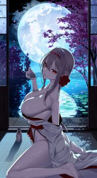 1girl absurdres bare_legs bare_shoulders barefoot breasts cherry_blossoms commentary cup drinking_glass flower full_body goddess_of_victory:_nikke grey_hair groin hair_between_eyes hair_flower hair_ornament headband highres holding holding_cup horizon japanese_clothes kimono large_breasts long_hair looking_at_viewer lotus_leaf night no_nipples ocean off_shoulder official_alternate_costume parted_lips pouring pouring_onto_self red_eyes red_flower red_headband red_rose rose scarlet_(black_shadow)_(longing_flower)_(nikke) scarlet_(nikke) sky sliding_doors soles solo sonofr6s white_kimono