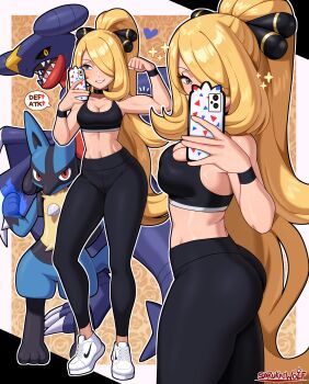 1girl absurdres artist_name ass bare_shoulders black_leggings blonde_hair border breasts cellphone choker cleavage collarbone cowboy_shot cynthia_(pokemon) from_side full_body garchomp gen_4_pokemon grey_eyes hair_over_one_eye highres leggings long_hair lucario medium_breasts midriff navel nintendo outline phone pokemon pokemon_(creature) pokemon_dppt ponytail sarukaiwolf selfie shoes smartphone smile sneakers sports_bra sportswear standing white_border white_outline wristband