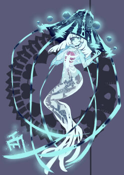 1girl absurdres blue_background blue_eyes blue_sclera blue_skin bone breasts colored_sclera colored_skin completely_nude crossover electricity energy energy_ball eternal_darkness:_sanity's_requiem fins floating floating_object glowing glowing_eyes glyph heart_(symbol) highres jellyfish levitation long_hair looking_at_viewer mermaid monster_girl nintendo nude organs personification ribs see-through_clothes see-through_body sideboob sigil silicon_knights simple_background skull small_breasts spine sucker_for_love tail tentacles tn_scallion translucent ulyaoth white_hair