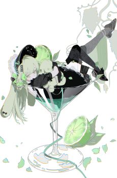 1girl absurdres arknights bang_dream! bang_dream!_it&#039;s_mygo!!!!! black_dress black_gloves black_hat black_shoes black_thighhighs blush cocktail_glass commentary cucumber cucumber_slice cup dress drinking_glass food fruit full_body gloves gothic_lolita green_eyes green_hair hat highres hugging_doll hugging_object in_container in_cup lace lace-trimmed_dress lace_trim lime_(fruit) lime_slice lolita_fashion long_hair looking_at_viewer lying macha_bafei mini_person minigirl on_back outstretched_leg parfait revision shoes short_sleeves sidelocks solo stuffed_animal stuffed_rabbit stuffed_toy thighhighs wakaba_mutsumi wakaba_mutsumi_(marionette&#039;s_id) white_background