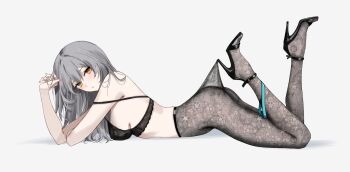 1girl ass bare_shoulders black_bra black_pantyhose black_shoes bra breasts closed_mouth commentary feint721 from_side full_body grey_background grey_hair hand_up high-waist_pantyhose high_heels highres honkai:_star_rail honkai_(series) hooked_on_heel lace_pantyhose_hooked_on_heel_(meme) long_hair looking_at_viewer looking_to_the_side lying medium_breasts meme no_shirt on_stomach pantyhose shoes sideboob sidelocks simple_background solo stelle_(honkai:_star_rail) strap_slip symbol-only_commentary the_pose thigh_strap trailblazer_(honkai:_star_rail) underwear yellow_eyes