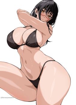 1girl armpits bare_arms bikini black_bikini black_hair blush breasts brown_eyes chainsaw_man cleavage closed_mouth commentary_request curvy hair_between_eyes harutoyumaarts highres large_breasts long_hair looking_at_viewer navel sideboob sidelocks simple_background standing standing_on_one_leg swimsuit thick_thighs thighs twitter_username white_background yoru_(chainsaw_man)