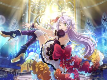 Rule 34 | 1girl, ahoge, back bow, back cutout, black dress, black shoes, bow, closed mouth, clothing cutout, dress, game cg, gears, hairband, high heels, long hair, looking at viewer, looking to the side, official art, one eye closed, otonashi ichie, purple hair, purple thighhighs, red bow, shoes, short sleeves, shoujo kageki revue starlight, shoujo kageki revue starlight -re live-, smile, solo, tarot, the sun (tarot), thighhighs, yellow eyes