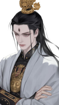 1boy armor black_hair black_myth:_wukong chinese_armor commentary english_commentary erlang_(black_myth:_wukong) erlang_shen highres jacket karmaterasu_neyuiah long_hair male_focus mature_male pale_skin solo straight_hair third_eye white_jacket