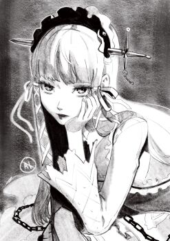 1girl absurdres chain closed_mouth commentary eightyfourart eyelashes grey_background greyscale hair_ornament highres lolita_fashion long_hair looking_at_viewer monochrome persona persona_3 solo x_hair_ornament yoshino_chidori
