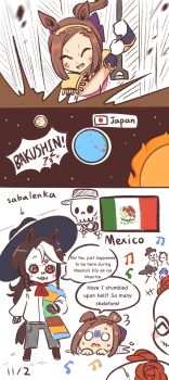 Rule 34 | 1girl, animal ears, brown hair, calavera, commentary, dia de muertos, digging, earth (planet), english commentary, epaulettes, hairband, highres, holding, holding shovel, horse ears, horse girl, japanese flag, long hair, mexican flag, mexico, moon, musical note, one of agnes digital, planet, ponytail, sakura bakushin o (blossom in learning) (umamusume), sakura bakushin o (umamusume), shovel, smile, sun, umamusume