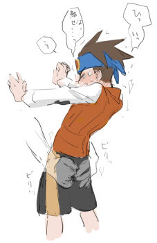 2boys ass awkward bandana blush capcom crying forced grabbing_another&#039;s_ass groping jacket japanese_text lan_hikari_(mega_man) legs male_focus mega_man_(series) mega_man_battle_network multiple_boys nervous shorts shota simple_background speech_bubble tagme tears tomo_hiro white_background yaoi