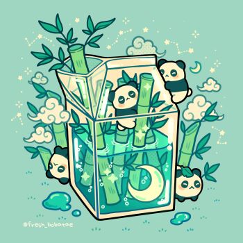 bamboo cloud constellation crescent_moon drink_carton emily_kim grass green_cloud green_theme highres liquid milk_carton minimized moon no_humans on_grass original panda sparkle twitter_username water