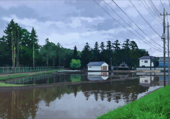 building commentary day fence grass grey_sky highres karasu_(hageabura-jr) no_humans original outdoors overcast pond power_lines rain reflection reflective_liquid rural scenery sky torii transformer tree utility_pole water