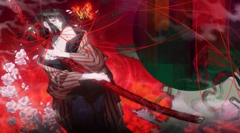 1girl bare_shoulders blue_kimono bob_cut breasts bug burning butterfly coat collarbone commentary_request crying crying_with_eyes_open fire flower hai000_0 highres holding holding_sword holding_weapon hugging_object insect japanese_clothes katana kimono limbus_company long_sleeves looking_at_viewer open_mouth project_moon red_eyes ryoshu_(project_moon) sheath sheathed short_hair small_breasts smoke solo string string_around_neck striped_coat sword tears weapon white_flower