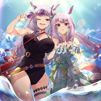 2girls absurdres animal_ears bare_arms bare_shoulders bikini black_one-piece_swimsuit blunt_bangs breasts cleavage frilled_shirt frills gold_ship_(run_revolt_launcher)_(umamusume) gold_ship_(umamusume) highres holding holding_removed_eyewear horse_ears horse_girl horse_tail koroeda6 large_breasts long_hair mejiro_mcqueen_(ripple_fairlady)_(umamusume) mejiro_mcqueen_(umamusume) multiple_girls off-shoulder_shirt off_shoulder official_alternate_costume official_alternate_hairstyle one-piece_swimsuit one_eye_closed open_mouth purple-tinted_eyewear purple_eyes purple_hair shirt sidelocks sunglasses swimsuit tail tinted_eyewear umamusume unworn_eyewear white_bikini white_shirt