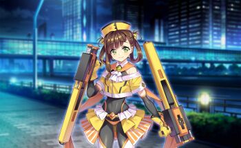 1girl artist_request ascot asymmetrical_bangs awane_kokoro bare_shoulders beret bikini black_bodysuit black_sleeves blunt_bangs bodysuit bodysuit_under_clothes bridge brooch brown_hair building bush closed_mouth cloud collared_bodysuit covered_navel cowboy_shot cube_hair_ornament detached_sleeves diamond_brooch dot_nose dual_wielding eyelashes frilled_skirt frills game_cg gem gloves green_eyes gun hair_ornament hair_rings happy hat highleg highleg_bikini highres holding holding_gun holding_weapon jewelry lamppost light_blush long_hair long_sleeves looking_at_viewer magia_record:_mahou_shoujo_madoka_magica_gaiden magical_girl mahou_shoujo_madoka_magica mahou_shoujo_madoka_magica_magia_exedra miniskirt night off-shoulder_shirt off_shoulder official_art orange_bikini orange_scarf outdoors outline path red_gemstone river road scarf senri_gan shirt short_sleeves showgirl_skirt single_sidelock skirt sky skyscraper sleeveless sleeveless_bodysuit smile solo standing striped_clothes striped_skirt swimsuit thighhighs tonfa vertical-striped_clothes vertical-striped_skirt weapon white_ascot white_outline white_thighhighs yellow_gloves yellow_hat yellow_shirt yellow_skirt zipper