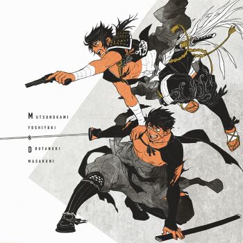 2boys bandaged_arm bandages black_hair black_pants black_vest character_name commentary_request doudanuki_masakuni full_body grey_background grey_pants gun holding holding_gun holding_sword holding_weapon ichino_(1no) long_hair long_sleeves male_focus multiple_boys mutsu-no-kami_yoshiyuki open_clothes open_mouth open_vest outstretched_arm pants sandals short_hair squatting sword touken_ranbu vest weapon