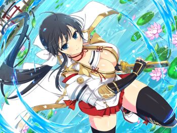 1girl afloat ahoge architecture armor black_hair black_thighhighs blue_eyes blush bow breasts bush chinese_knot choker cleavage coattails east_asian_architecture falling_leaves flower grass hair_bow holding holding_sword holding_weapon ikaruga_(senran_kagura) japanese_armor japanese_clothes kote kurokote large_breasts leaf lily_pad long_coat long_hair looking_at_viewer lotus low_ponytail miniskirt official_alternate_costume official_alternate_hairstyle official_art ootachi outdoors pink_flower plant pleated_skirt pond ponytail red_choker saya_(scabbard) scabbard senran_kagura senran_kagura_new_link senran_kagura_shoujo-tachi_no_shin'ei sheath shiny_skin shoulder_armor skirt smile sode solo splashing suneate sword thighhighs torii tree unsheathing very_long_hair water water_drop water_lily_flower weapon white_footwear yaegashi_nan