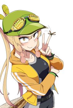 1girl absurdres arthropod_girl belt black_belt blonde_hair blunt_sidelocks breasts bug commentary creature_and_personification english_commentary from_above galois goggles goggles_on_headwear gradient_hair grasshopper grasshopper_girl green_hat hat highres hood hooded_jacket insect insect_wings jacket low_wings medium_breasts multicolored_hair original panorpidium_spica personification sidelocks solo twintails unitard v wings yellow_eyes yellow_jacket