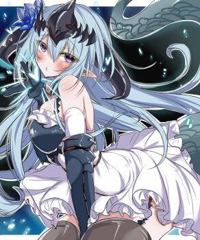 1girl armor bare_shoulders black_horns blue_flower blue_hair blush breasts cleavage curled_horns detached_collar dragon_girl dragon_horns dress elbow_gloves filene_(shadowverse) fire_low5996 flower from_side gauntlets gloves hair_between_eyes hair_flower hair_ornament highres horns large_breasts looking_at_viewer pink_eyes pointy_ears purple_eyes shadowverse shadowverse:_worlds_beyond short_hair solo tail upper_body white_dress white_gloves
