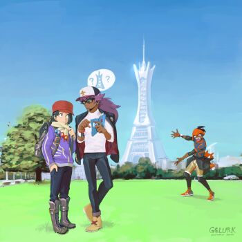 3boys alternate_costume baseball_cap black_hair black_jacket blue_sky boots calem_(pokemon) clear_sky closed_mouth commentary dark-skinned_male dark_skin day eye_contact go-lurk grass hat headband highres hoodie_around_waist jacket jacket_on_shoulders leon_(pokemon) long_hair long_sleeves looking_at_another lumiose_city male_focus meme multiple_boys nintendo orange_headband outdoors pants pokemon pokemon_swsh purple_hair purple_jacket raihan_(pokemon) red_hat scarf shoes short_hair signature sky standing tree will_smith:_tada_(meme)