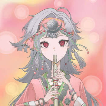 1girl blurry bokeh bracelet commentary_request depth_of_field flute grey_hair hair_ornament hairband hands_up holding holding_flute holding_instrument instrument jewelry long_hair looking_at_viewer masei_shibou music official_alternate_costume pink_background pink_hairband pink_shirt playing_instrument red_eyes reverse:1999 rubuska shirt solo upper_body