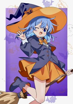 Rule 34 | 1girl, ;d, absurdres, black boots, black capelet, black jacket, blue eyes, blue hair, boots, border, bow, bowtie, broom, capelet, commentary request, foot out of frame, halloween, hat, highres, holding, holding broom, jacket, medium hair, one eye closed, open mouth, orange bow, orange bowtie, orange skirt, original, outside border, purple background, skirt, smile, solo, soramame (mvfn8342), two-tone headwear, waving, white border, witch, witch hat